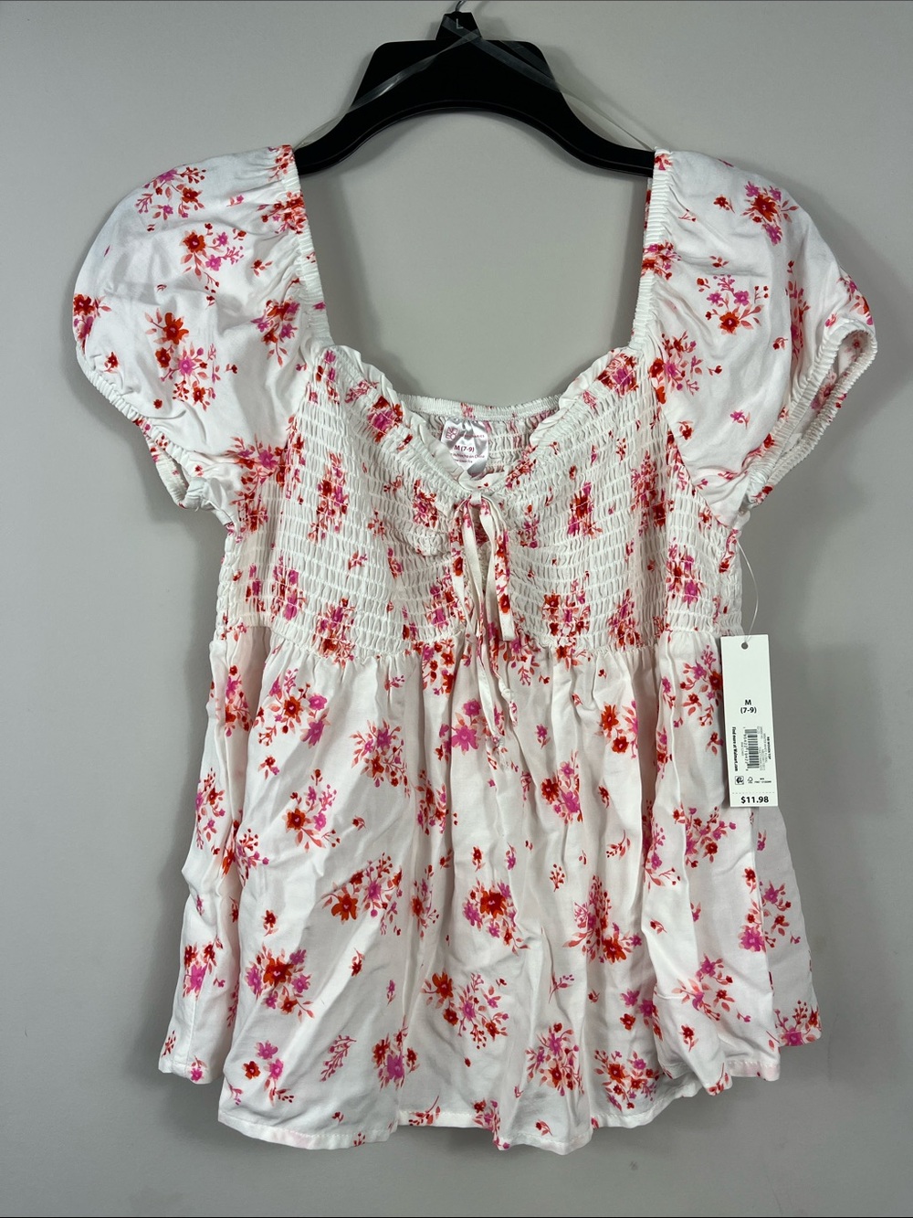 NOBO Smocked Floral Peasant Puff Sleeve Cottagecore Boho Top White Pink Red M